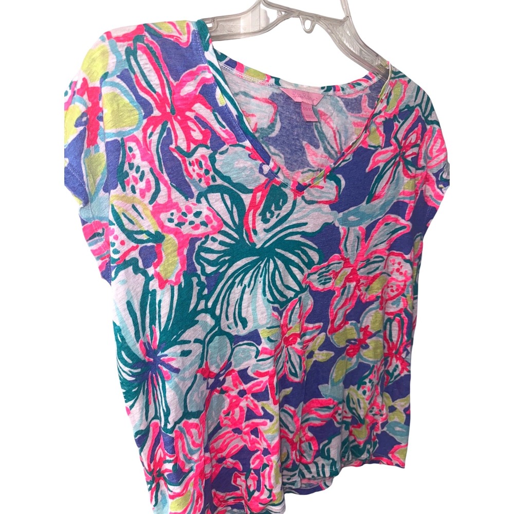 Lilly Pulitzer Iris Blue Hartwell Top Women's XXS/XS 100% Linen Beach Tropical - Picture 5 of 9